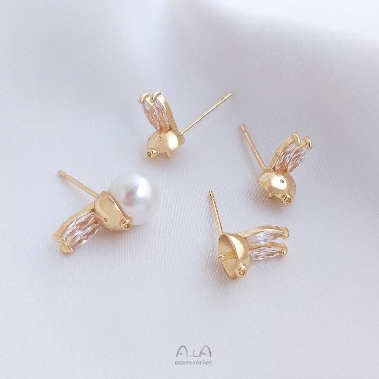 14K Gold-Filled Silver Rabbit Zircon Bead Stud Earrings