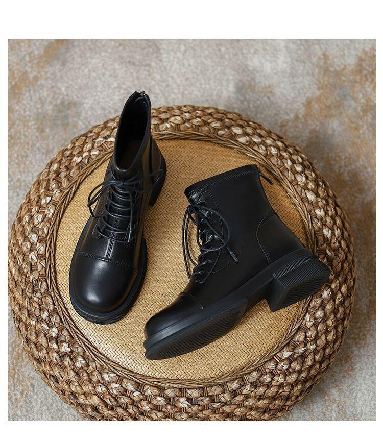 Women's Soft Leather British-Style Fleece-Lined Martin Boots - Autumn/Winter 2025, Thick-Soled, Short, Spring/Autumn Single Boots.