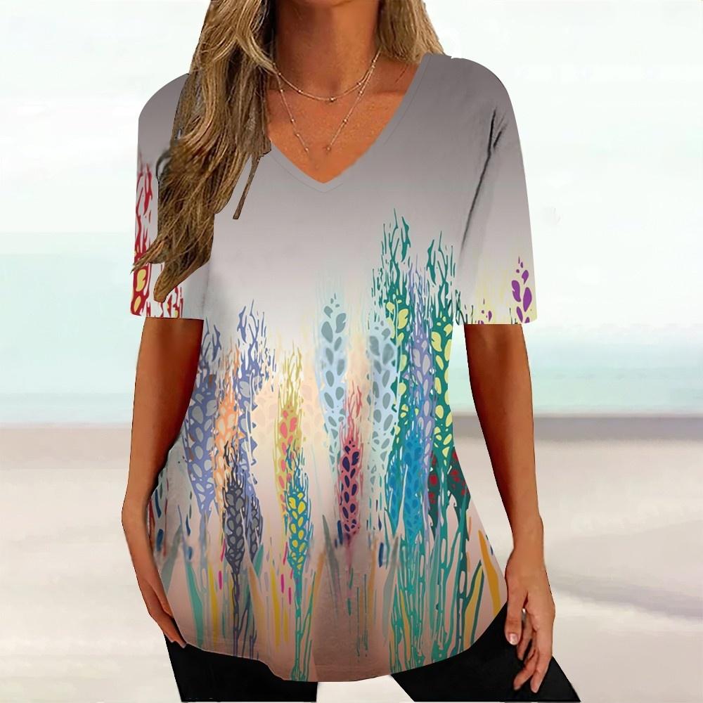 Letni top z dekoltem w serek z nadrukiem 3D w gradientowy wzór Modne codzienne damskie T-shirty z krótkim rękawem