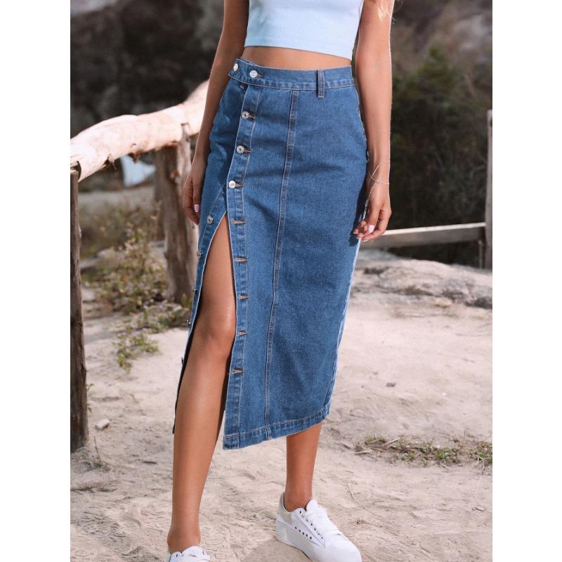 Damen-Jeansrock mit Knopfleiste, unregelmäßiger Schlitz, hohe Taille, langer Rock für Damen