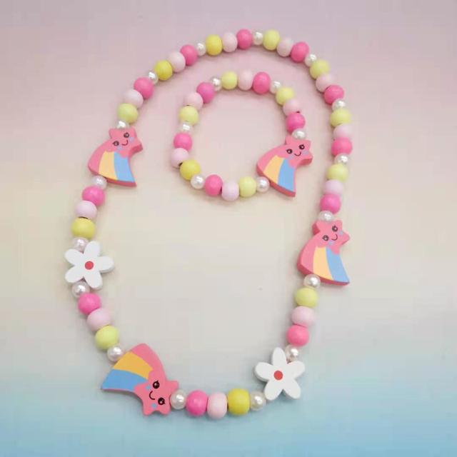 2pcs/Set Fashion Natural Wood Beads Jewelry Cute Animal Pattern Necklace Bracelet For Children Party Jewelry Girl Birthday Gift