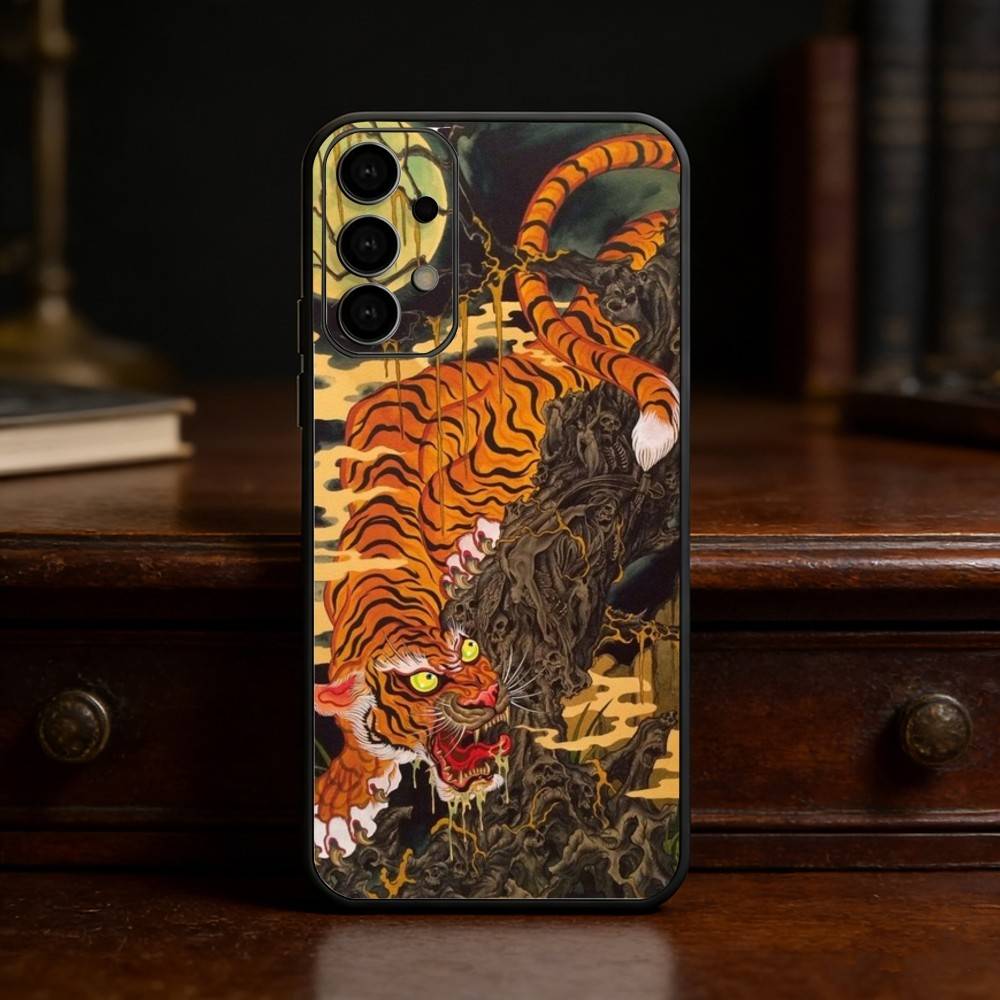 Japanese Ukiyo-e Tiger Phone Case For Samsung S25,24,23,22,30,21,10,9,Ultra,Plus,Lite Soft Black Case