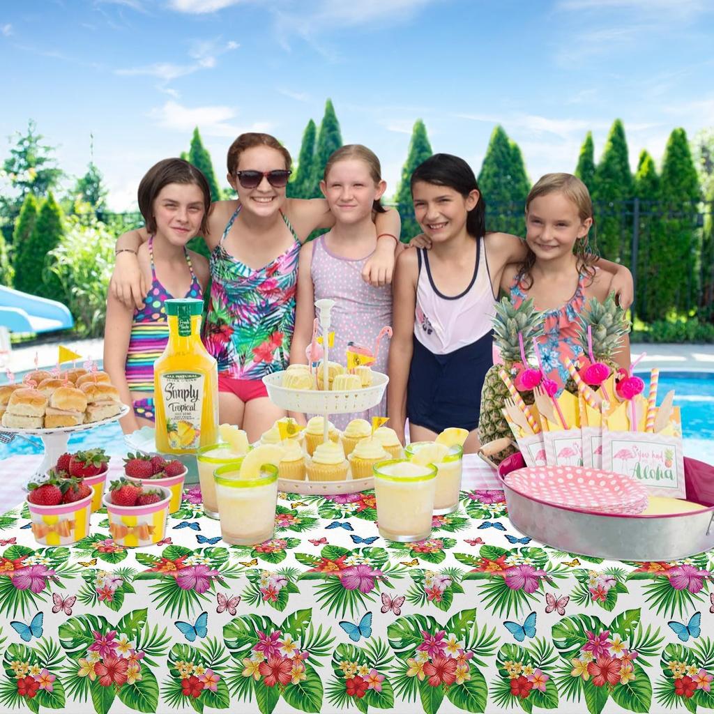 4 Pack Tropical Flower Tablecloth Hawaiian Luau Tablecloths Floral Butterfly Table Cloth Summer Beach Pool Kids Birthday Table Cover Supplies 51 X