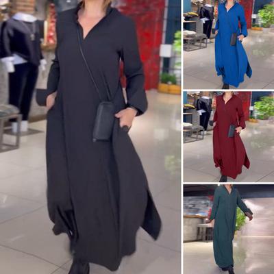 Women Maxi Dress Lapel V Neck Oversized Split Hem Solid Color Long Sleeve Soft Breathable Ankle Length A-line Lady Fall Spring Dress