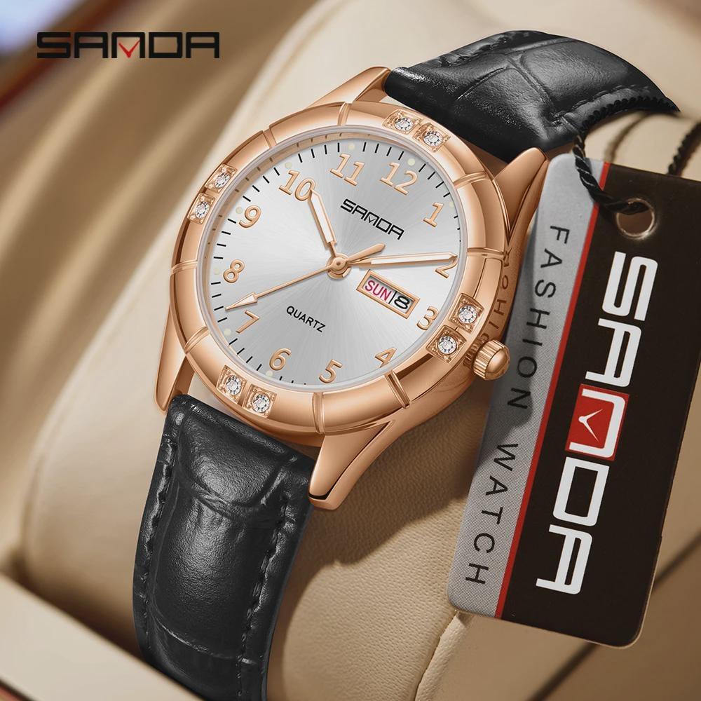 SANDA Womens Watch Original Elegant Simple Quartz Wristwatch Waterproof Luminous Leather Strap Ladies Watches Women's Gift