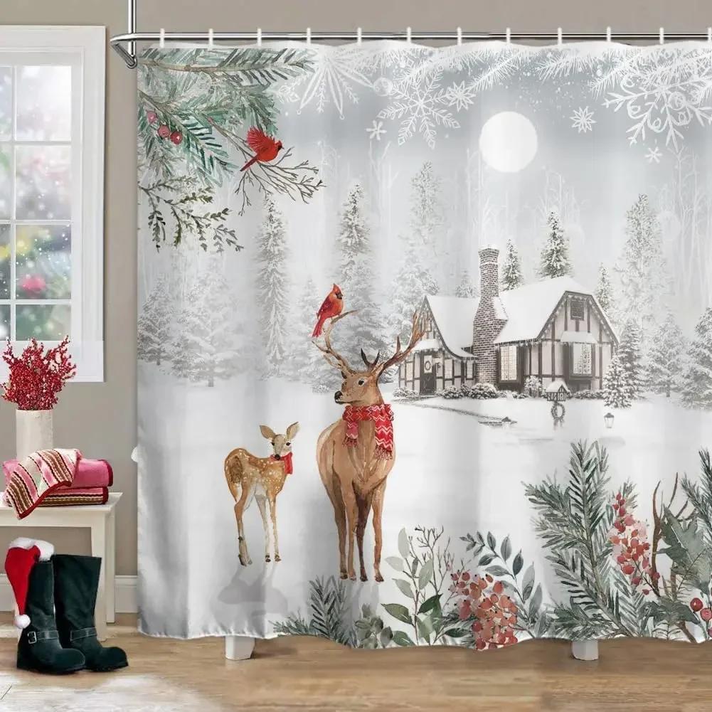 Theme Shower Truck Christmas Tree Gift Deer Red Bird Pinecone Snow Scene Baths Curtain Bathroom DecorXT6