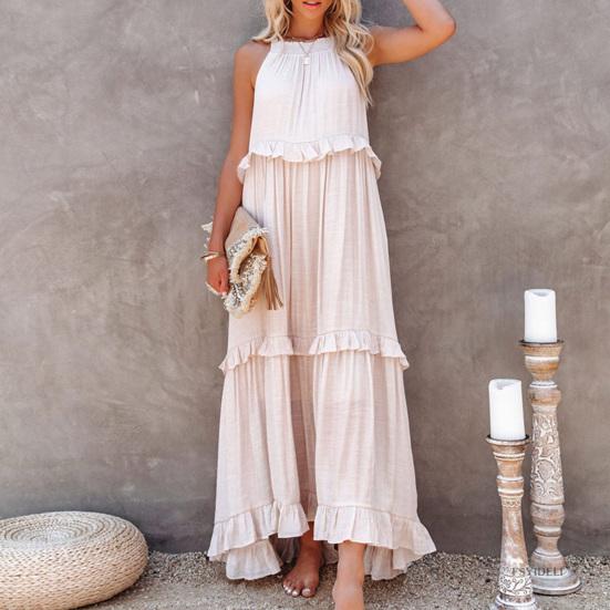 Women Vacation Dress Ruffle Off Shoulder Sleeveless Halter Neck Patchwork A-line Loose