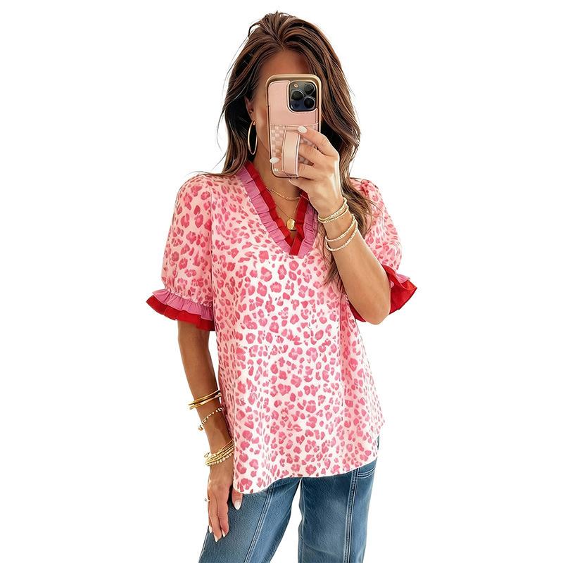 Women s V Neck Short Sleeve Blouse Loose Fit Streetwear Top Leopard Print Chiffon Shirt S