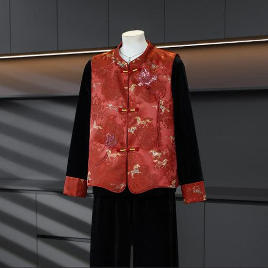 

Spring Three-Piece Chinese-Style Outfit: Vest, Long-Sleeve Top, and Wide-Leg Pants for Middle-Aged and Elderly Women 4XL