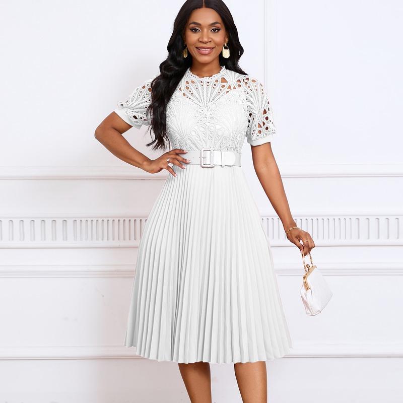 Women's New Short-sleeved Lace Splicing Pleated African Dress Dress Dress