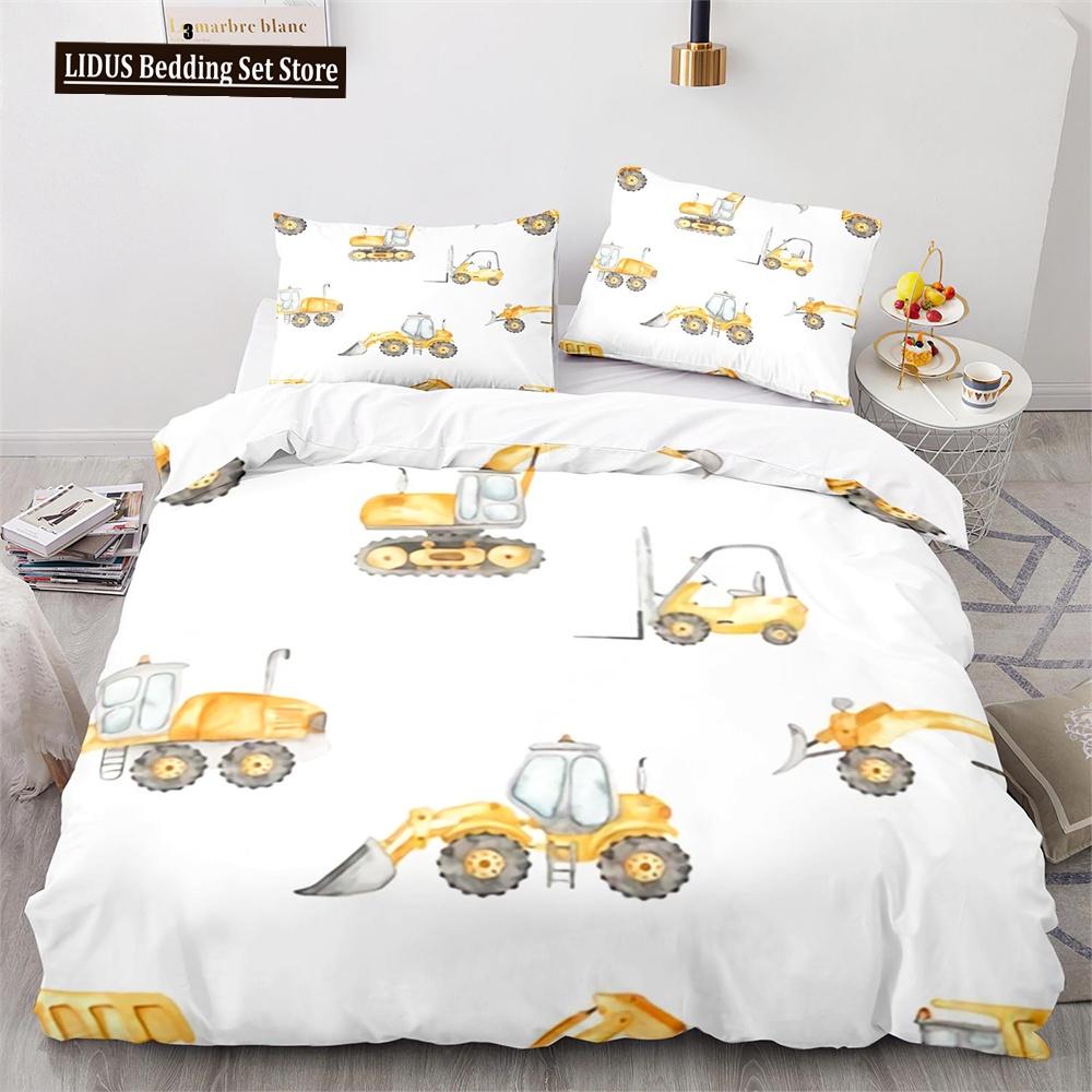 Digger Duvet Cover Set Cartoon Heavy Machinery Truck Crane Mixer Excavator Tractor Pattern For Kid Teen Polyester Bedding Set