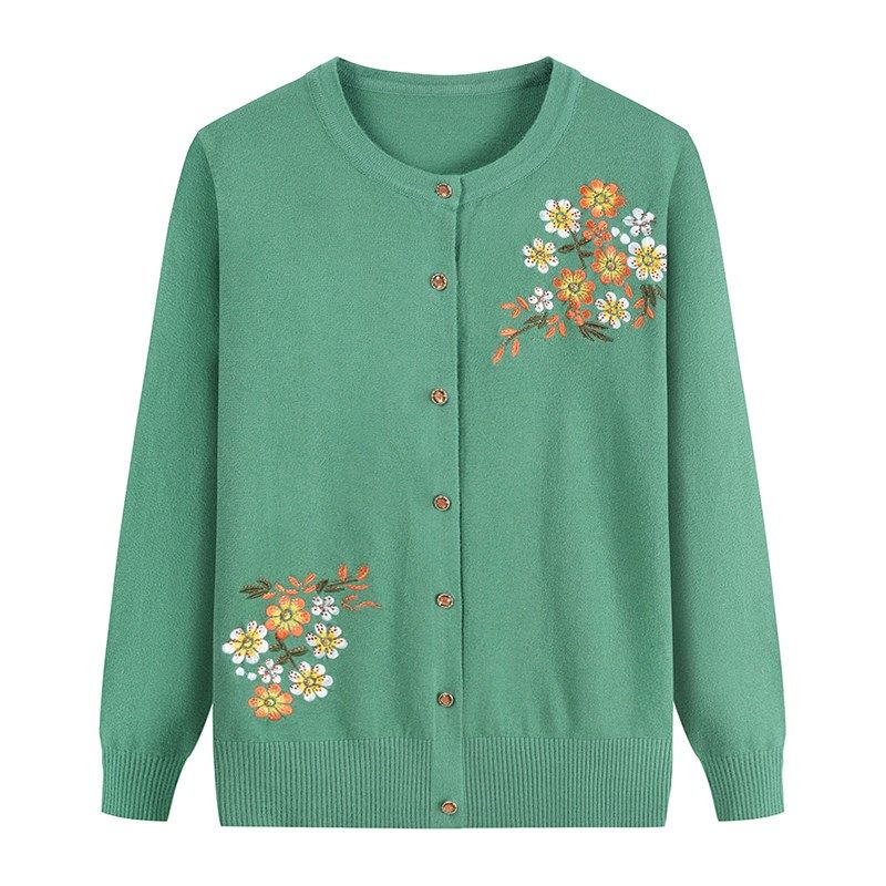 Spring Autumn Women's Thin Knit Cardigan Loose Fit Round Neck Printed Knit Cardigan