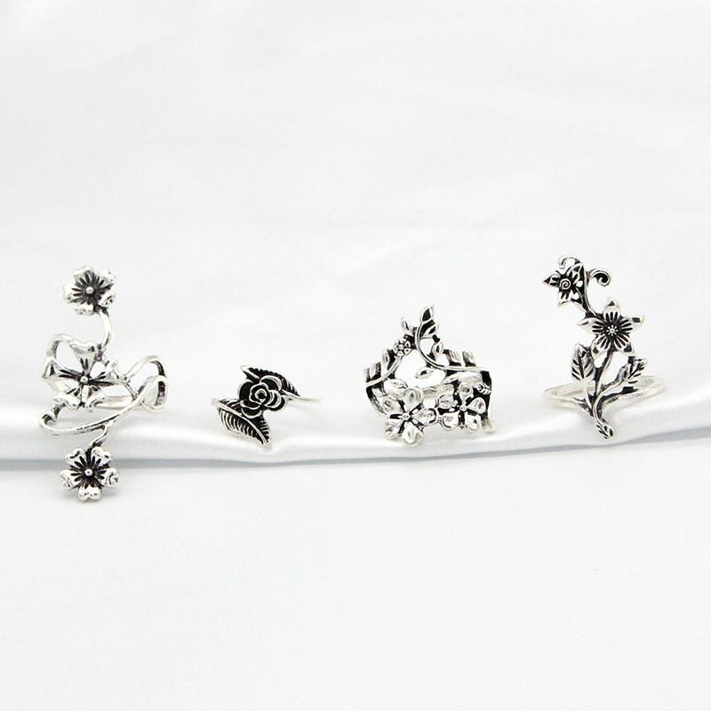 4pcs/set Antique Silver Color Vintage Bohemia Ring Set Rose Flower Rings for Women Charm Bohemia Floral Knuckle Ring