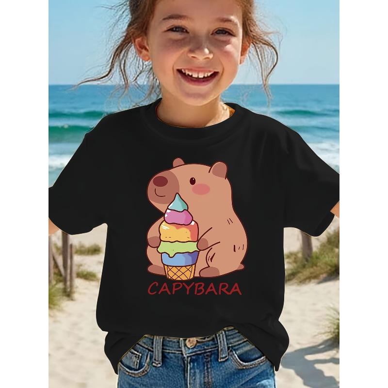 European size Summer Fashion Girls  Short-Sleeve Ice Cream Cartoon Print Casual Top 98cm чёрный