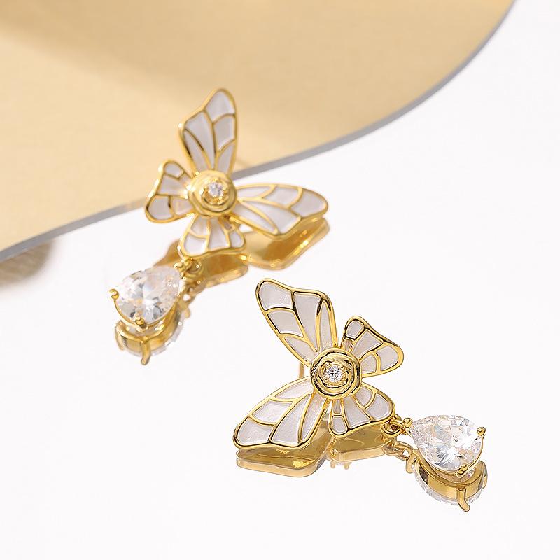 

French elegance temperament small fragrance enamel drop glaze inlaid zircon butterfly earrings light luxury high-end holiday style accessories белый