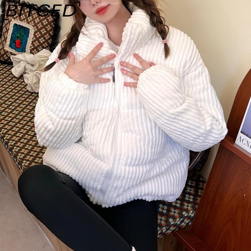 BITCED Winter Women's Stand Collar Short Corduroy Quilted Down Jacket Loose-Fit Lightweight Cotton-Padding Coat