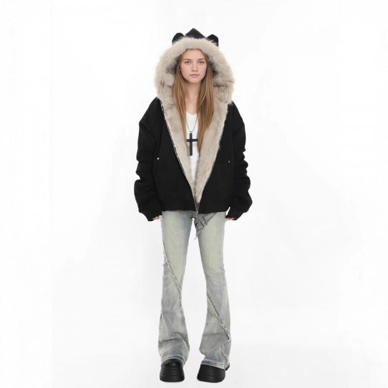 Womens Thickened Faux Suede Hooded Coat With Fur Trim Cat Ear Detail Winter Warm Outerwear