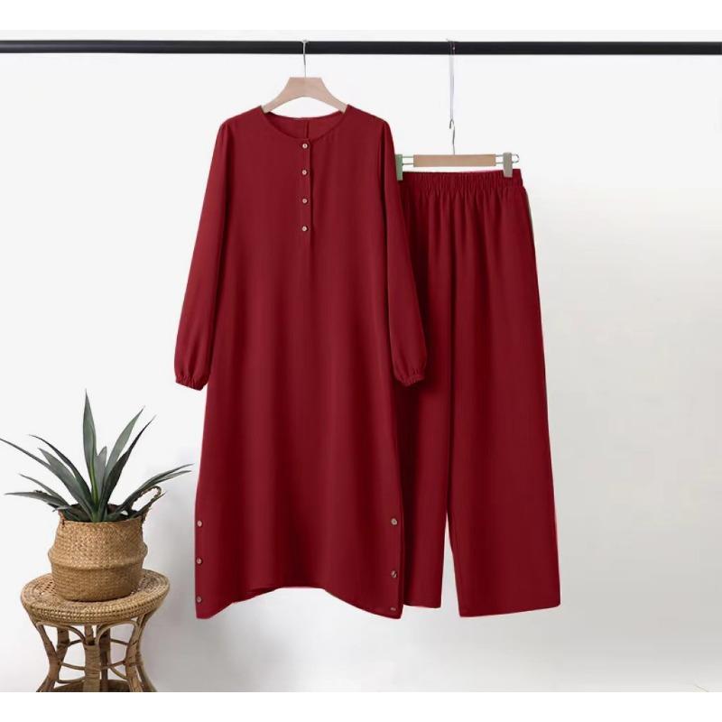 New Muslim Women's Clothing Round Neck Placket Bubble Sleeve Shirt Side Seam Decorative Wooden Buckle Fashion Casual Suit