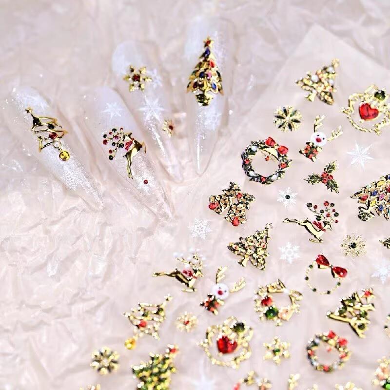 Roztomilý Vánoční Styl Barevná Světla Puntíkovaný Vánoční Stromeček Nálepky na Nehty Mašle Vánoční Tisk Reliéfní Nálepky Dekorace Nehtů