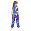 Mädchen Jazz Dance Crop Top Stehkragen Ärmellos Verdeckter Reißverschluss Hinten Pailletten Metallisches Patchwork Rüschen mit Glänzender Hose für Bühnenauftritt