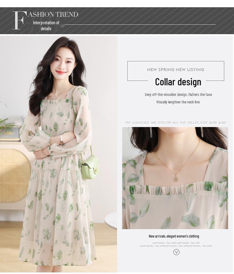 Elegant French Floral Print Puff Sleeve Dress: Spring & Autumn Waist-Cinching Long Skirt