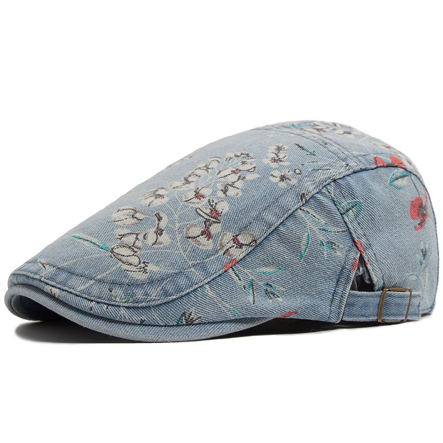 Washed Denim Print Beret Women Duck Tongue Shade Forward Hat Men's Retro Casual Painter Hat