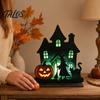 Talos Witch Wooden Table Centerpiece, Spooky Castle Black Cat Standing Tabletop Ornament for Halloween Party, Desk Tiered Tray Decor