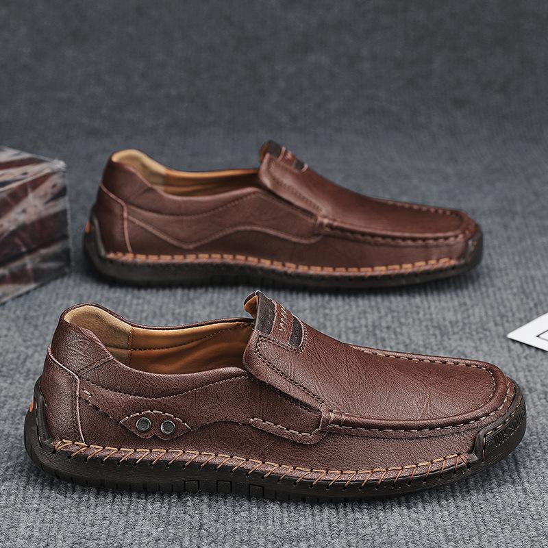 Stora Storlekar Handstygn Herrskor Utomhus Fritidsskor med En Fot Platta Läderskor Låg Topp Stora Storlekar Leo