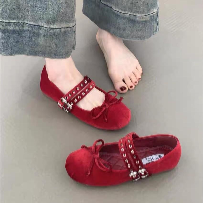 Fashion Flat Shoes for Women 2025 Spring and Autumn New Velvet Bow Mary Jane Round Toe Shallow Mouth Flat Ballet Shoes Single Shoe