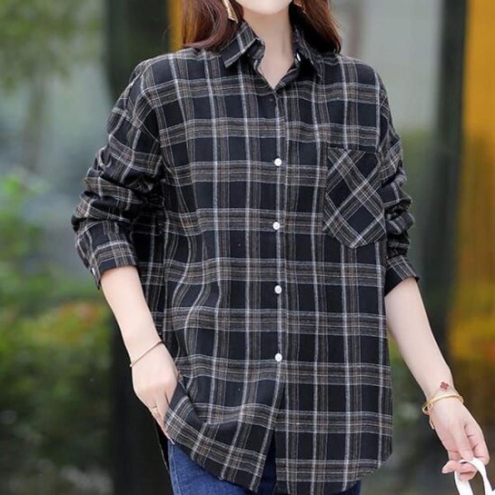 Navava Women Casual Loose Fit Check Long Sleeve Shirt Nb3002