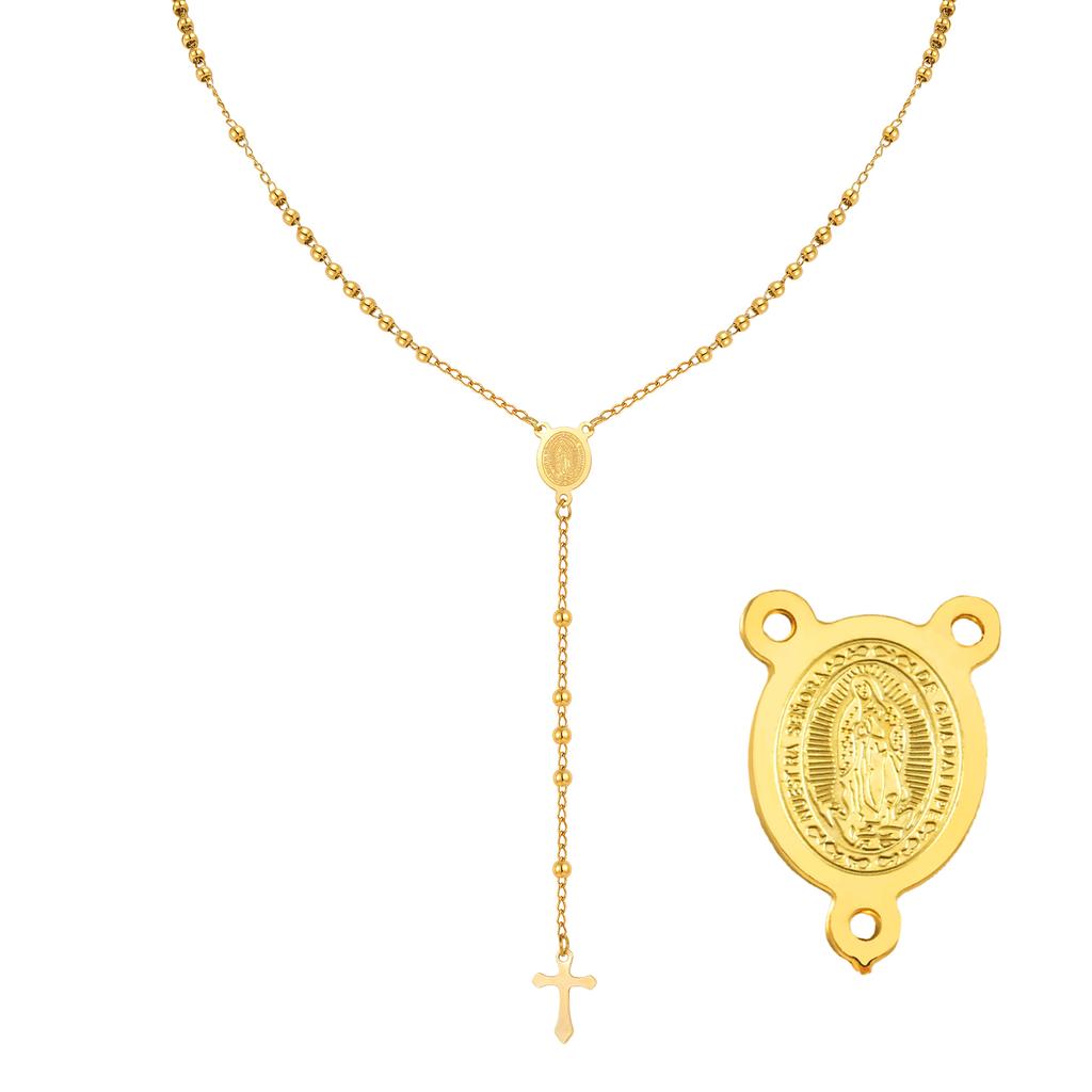 Women's Stainless Steel Rosary Virgin Cross Drop Necklace, Bead Chain Prayer Y-shaped Necklaces, Exquisite Religious Jewelry