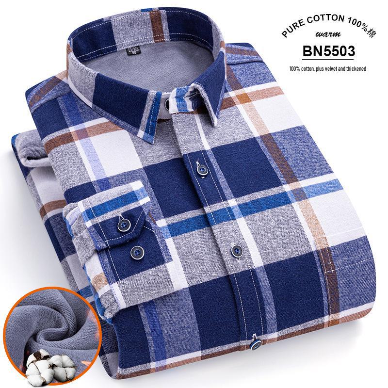Men's Long Sleeve Cotton Plaid Shirt with Velvet Lining