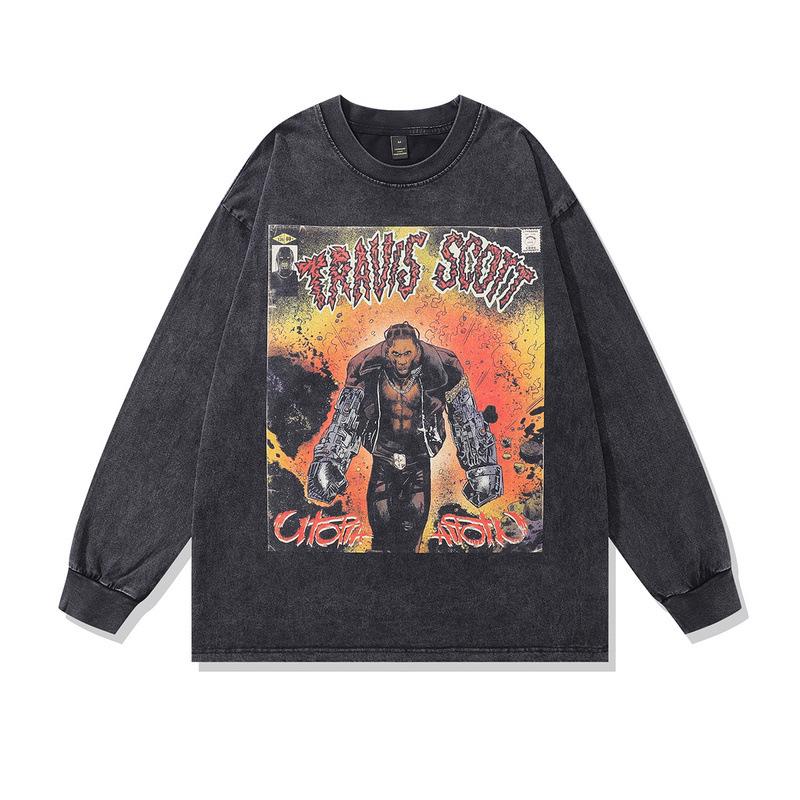 American High Street Retro Long-Sleeved T-Shirt White Ink Direct Spray Print Heavy Cotton Washed Crew Neck Sweatshirt Men'S Ins