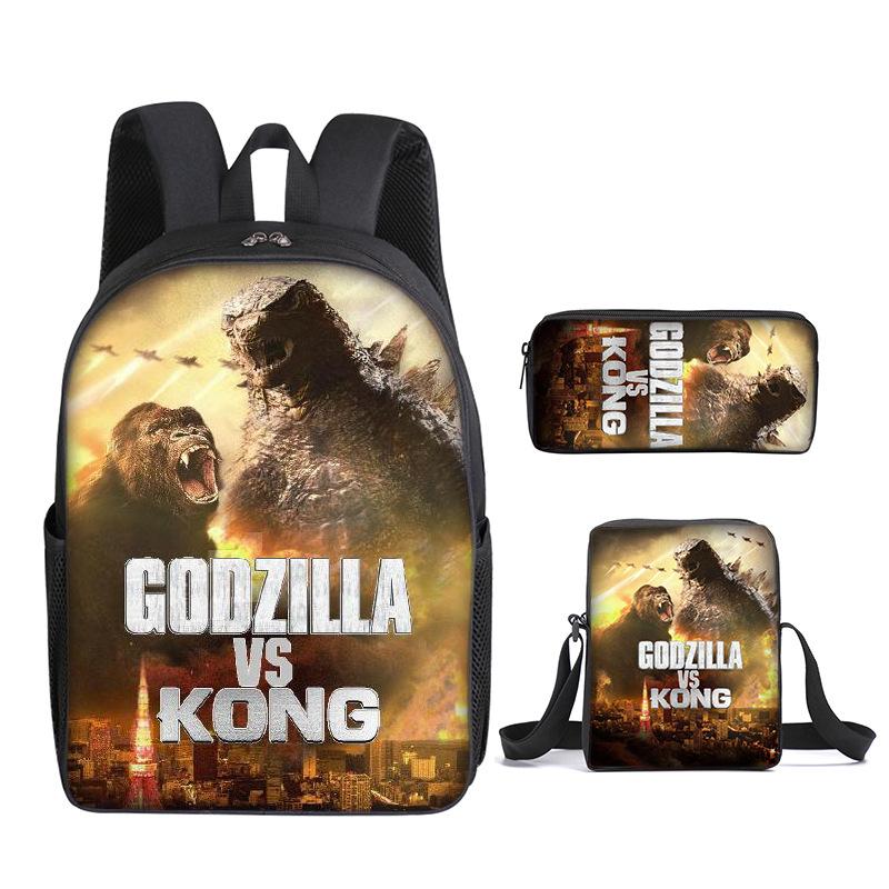 2021 Godzilla Wars King Kong School Bag Three-Piece Combination Set Primary And Secondary School Students Printed Backpack Cartoon School Bag
