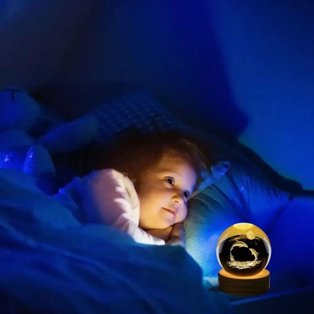 Crystal Ball Night Light Lamp with Dolphin Design Night LED Lamp with Wooden Base for Kids Room, Bedroom Home Decor, Office, Birthday