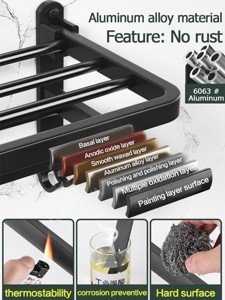 No Drill Bathroom Hardware Towel Rack Black 40CM-60CM Folding Aluminum Towel Rack Holder With Hook Towel Holder Tissue Holder