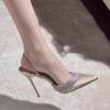 2025 New Pointed Champagne High Heels Thin Heel Bag Head Sexy Light Mouth Rhinestone Silk