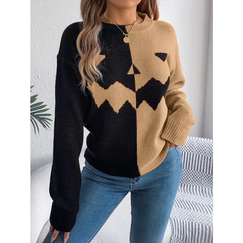 Autumn and Winter Women Halloween Pumpkin Contrast Color Knitted Long Sleeve Loose Sweater