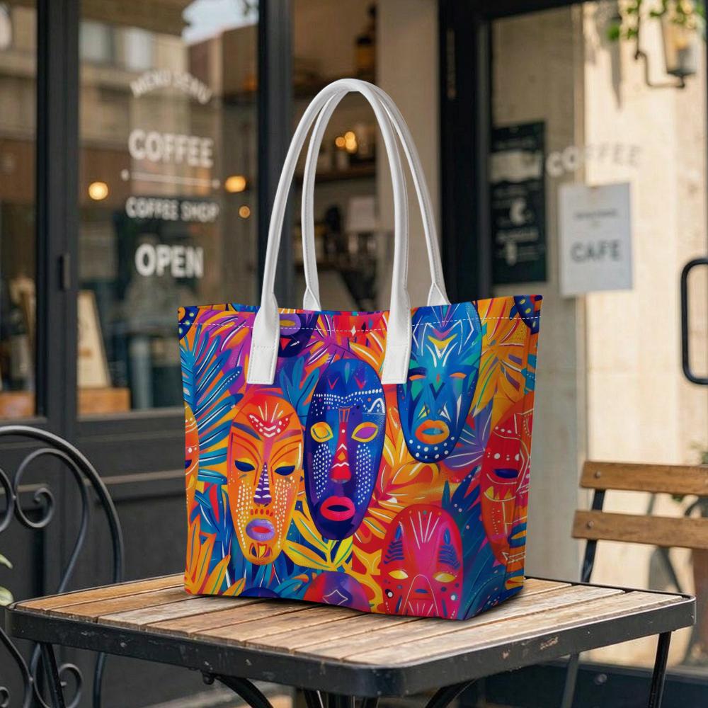 Colorful African Mask Pattern Tote Bag Stylish Daily Casual Handbag