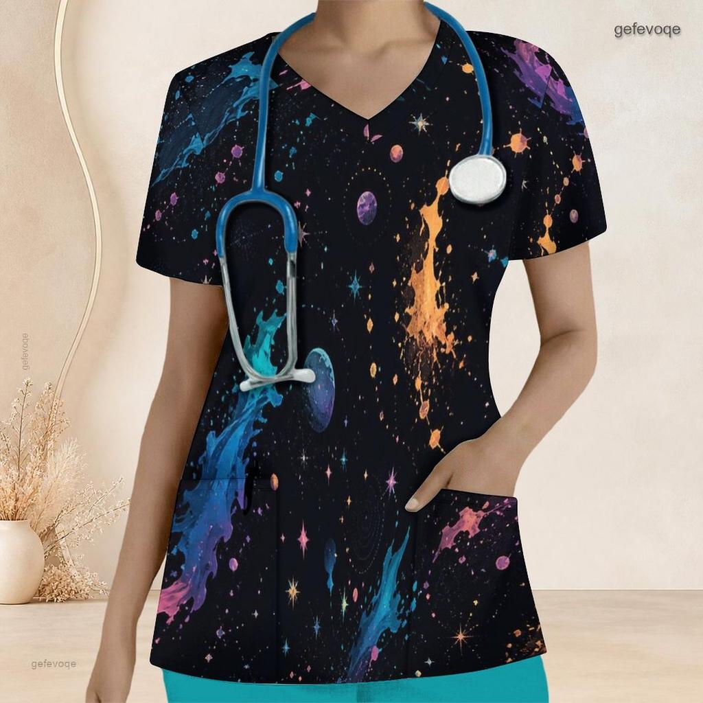 Women Plus Size V Neck Short Sleeve Black Multicolor Printed Nurse Scrub Top With Front Pockets