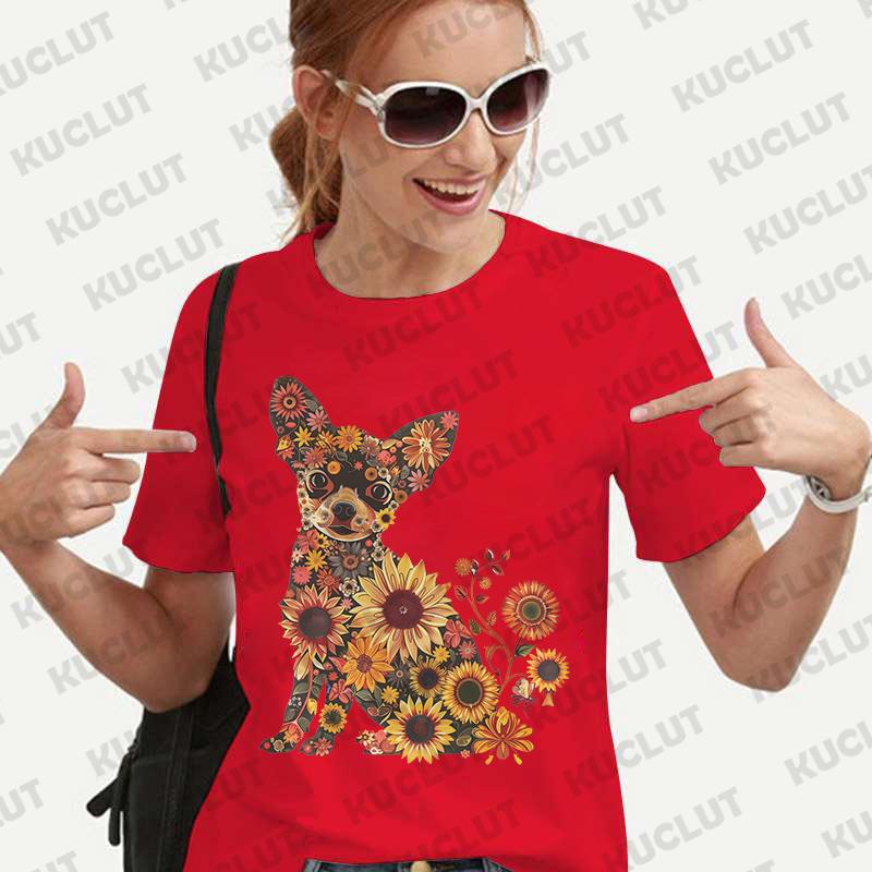 Dámské tričko s květinovým vzorem a čivavou, módní halenka s krátkým rukávem, Harajuku Ulzzang letní Y2k topy, dámské estetické oblečení