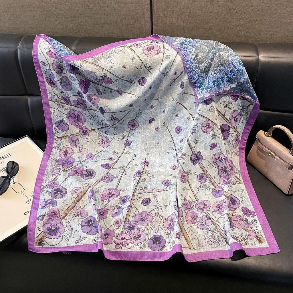 Double-Sided Faux Silk And Wool Printed Scarf For Women Spring And Autumn 90Cm Square Scarf Foulard Bandana Femmel Headscarf