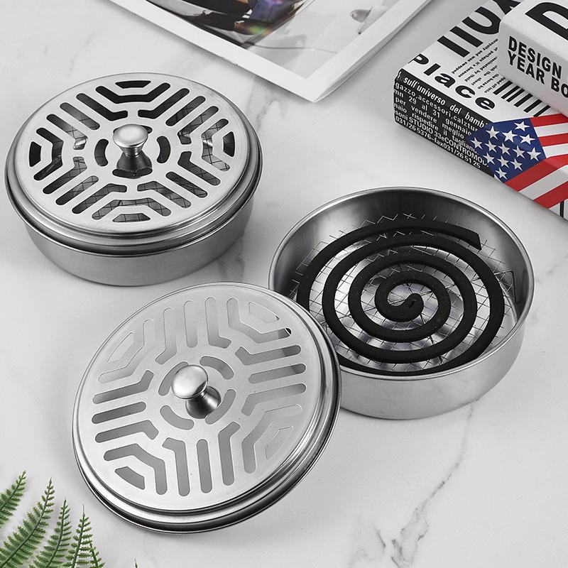 Portable Stainless Steel Fireproof Mosquito Coil Holder with Lid - Outdoor Repellent Tray