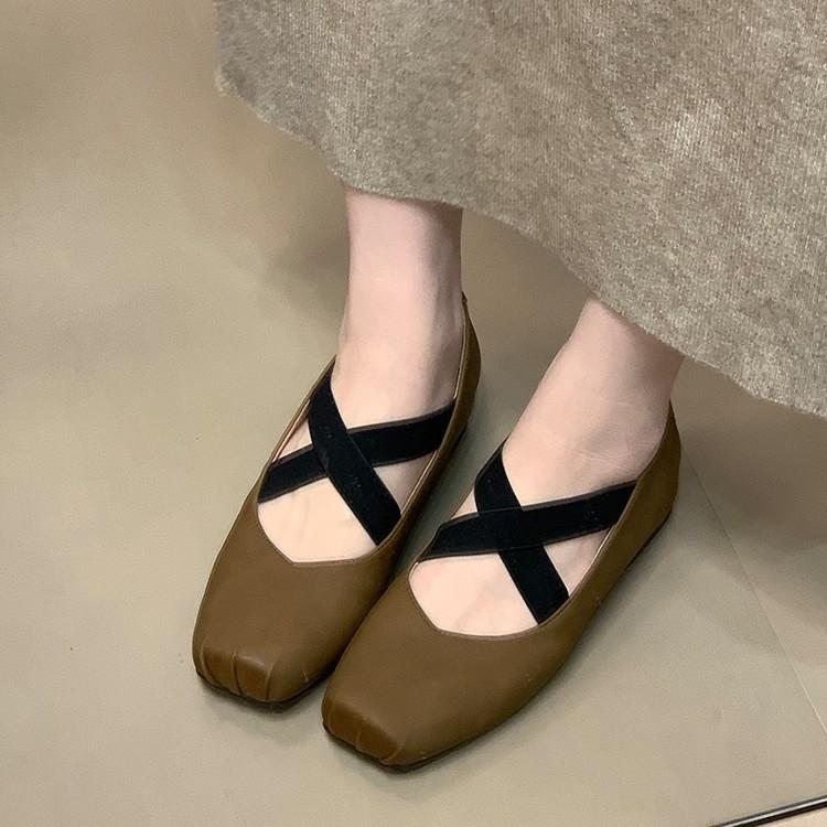 Soft leather version~ retro cross-strap ballet shoes in the autumn of 2025, new inner height increase square head shallow mouth single shoes for women