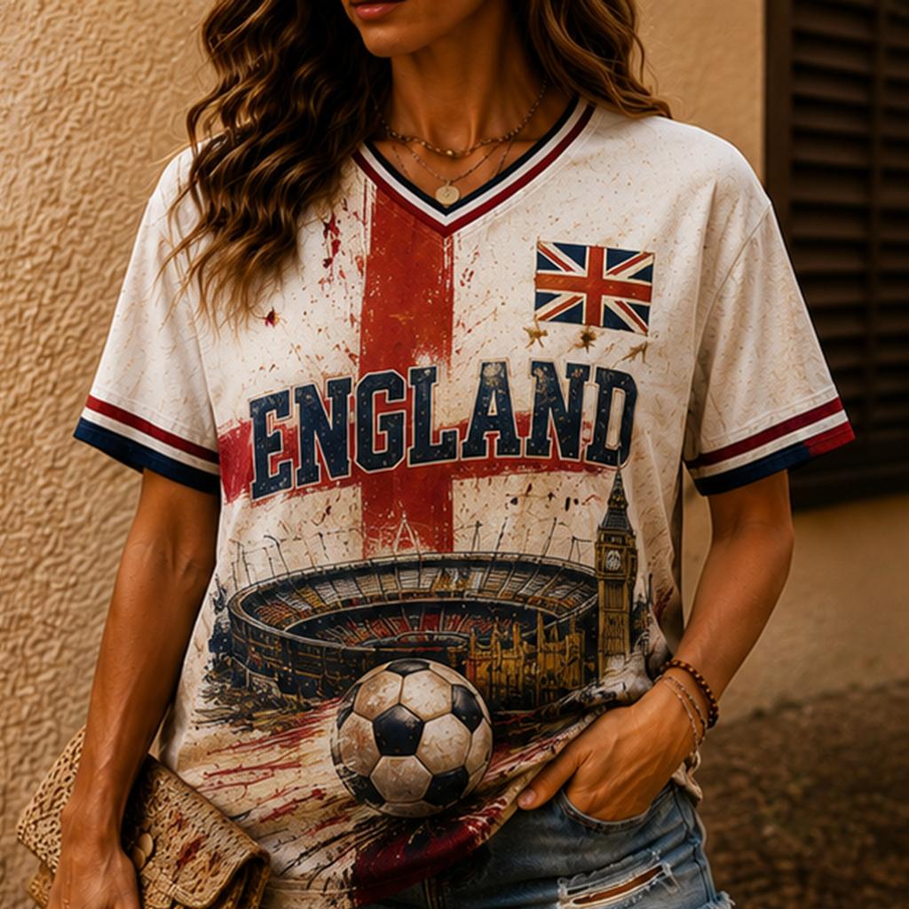 Women V Neck Short Sleeve T Shirt with Stadium Soccer Print Casual Loose Fit Style Top