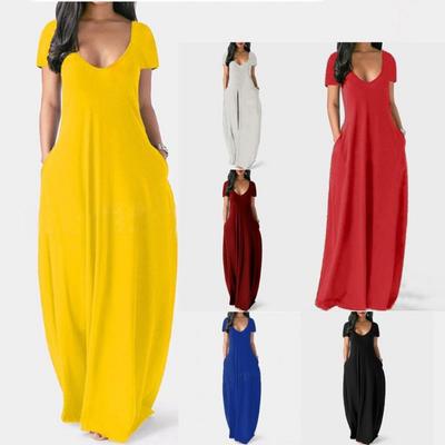 2021 Summer Women Plus Size Solid Color Maxi Dress Sexy Deep V Neck Short Sleeve Style