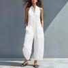 2026 Womens Sleeveless Stand Collar Pocket Jumpsuit Loose Fit Cotton Linen Casual Romper