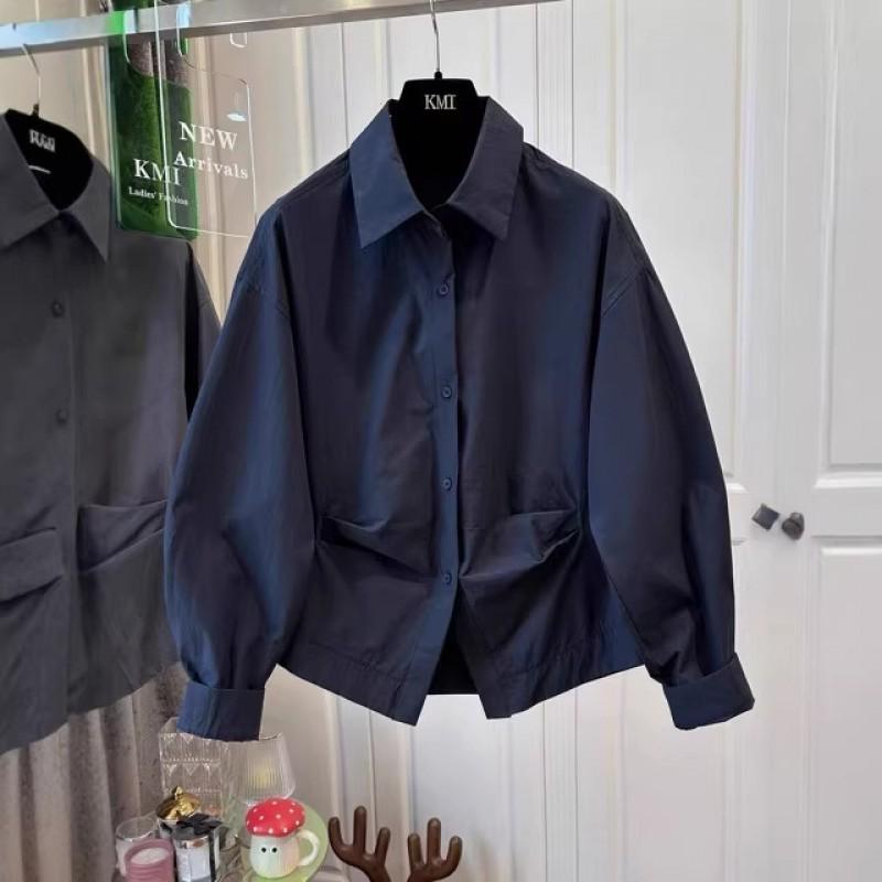 Womens Cotton Wrinkle Detail Relaxed Fit Shirt With Pointed Collar Loose Long Sleeve Top 2026