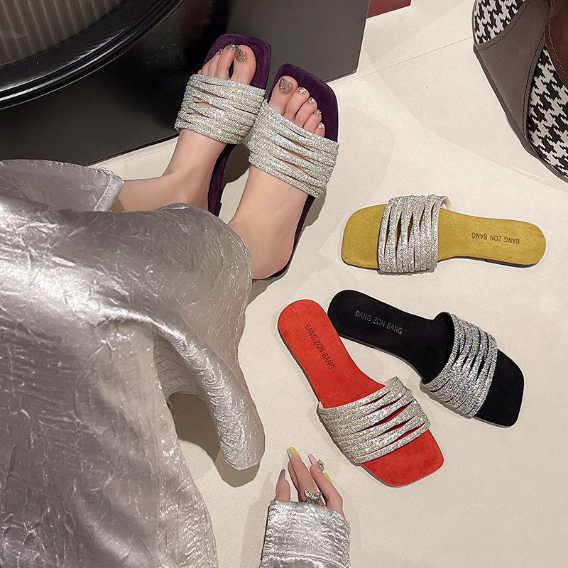 Fashion Shoes Open Toe Low Heel Sexy Women's Slippers and Ladies Sandals Rhenstone Slides New Style Small Size Unique Waterproof Korea