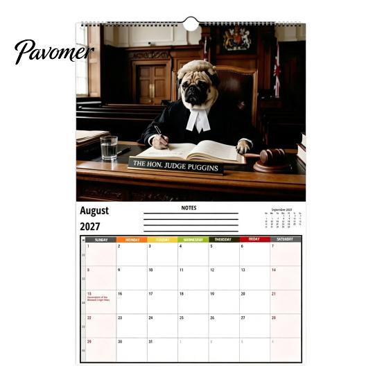 Cute Animal Desk Calendar 2027 Pugs Working Wall Calendar, Funny Dog Hanging Functional Daily Planner 12 Monthly with Unique Illustrations for